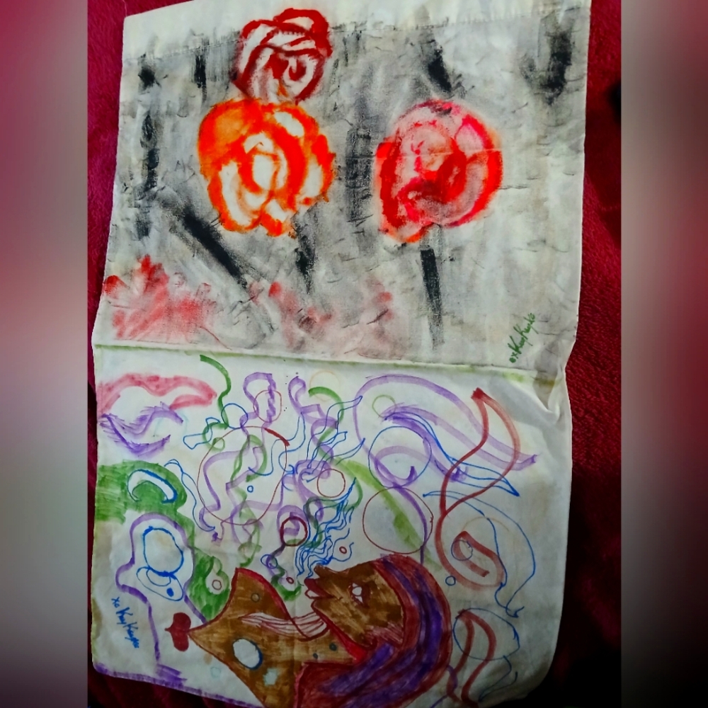 Abstract Floral Art Piece with Red and Orange Accents